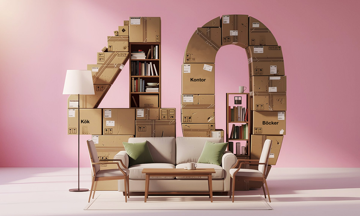 40-årsjubileum – siffran 40 uppbyggd av flyttkartonger i en vardagsrumsmiljö
